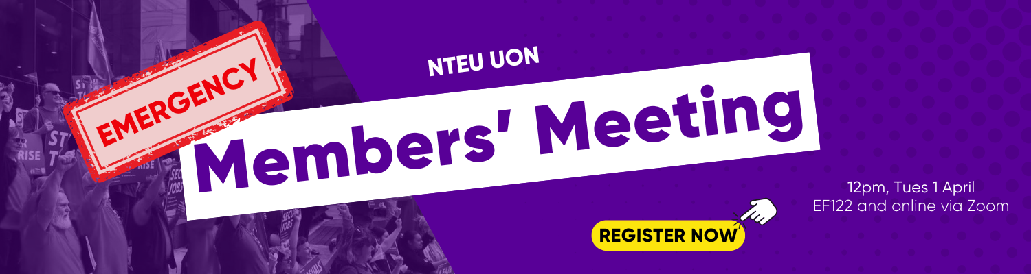 Purple header image with image of NTEU members smiling on the left half of the background. Foreground text reads "members meeting 12pm Thurs 27 Feb".