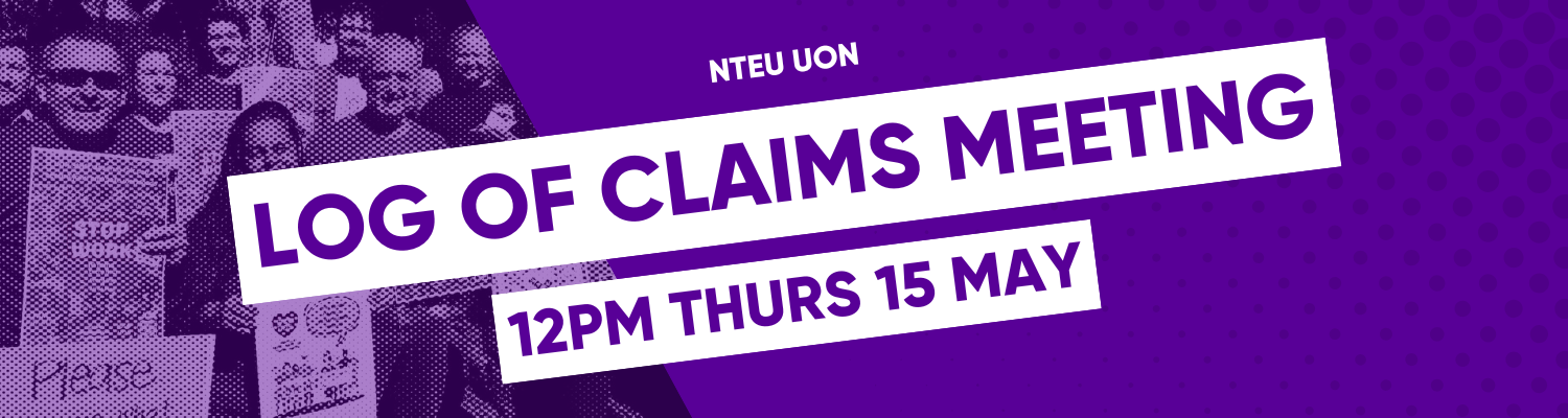 Purple header image with image of NTEU members smiling on the left half of the background. Foreground text reads "members meeting 12pm Thurs 27 Feb".